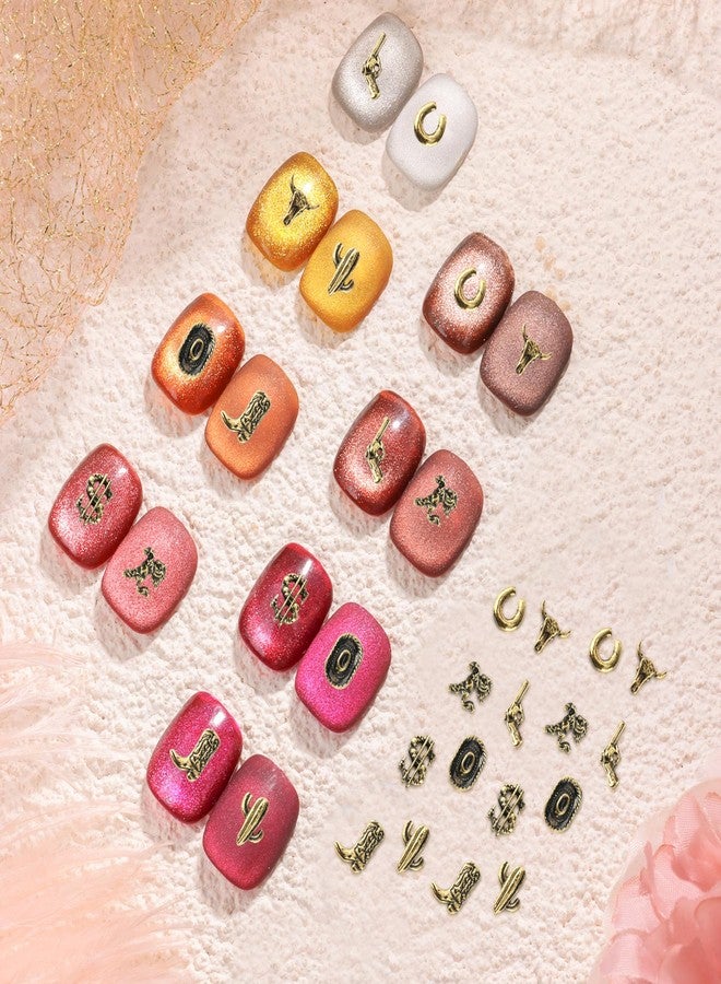 LIKEYO 32 PCS Western Nail Charms - LIKEYO Vintage Metal Alloy Cowboy Nail Charms, 3D Gold Cowgirl Western Art Decals, DIY Cowboy Bull Head Manicure Art Decoration Stickers for Women - Image 5